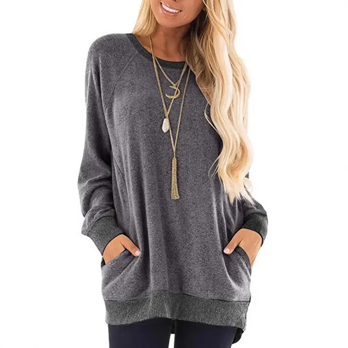 Women's Grey Contrast Pocket Sweatshirt Long Sleeve Pullover - Image 9