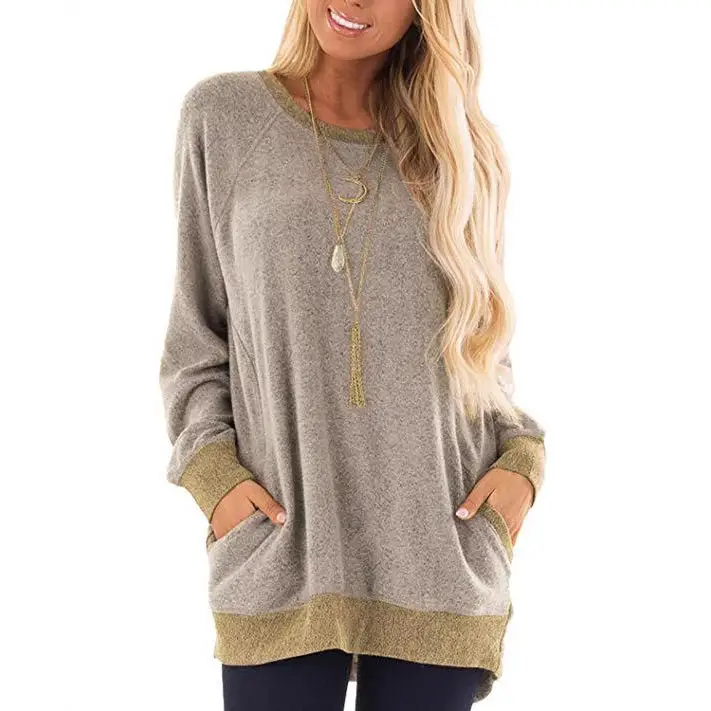 Women's Grey Contrast Pocket Sweatshirt Long Sleeve Pullover - Image 10