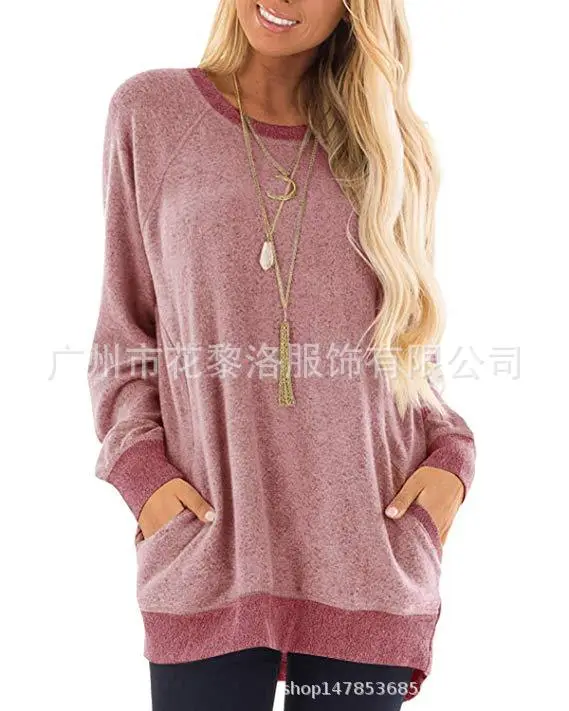 Women's Grey Contrast Pocket Sweatshirt Long Sleeve Pullover - Image 2