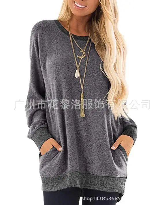 Women's Grey Contrast Pocket Sweatshirt Long Sleeve Pullover - Image 3