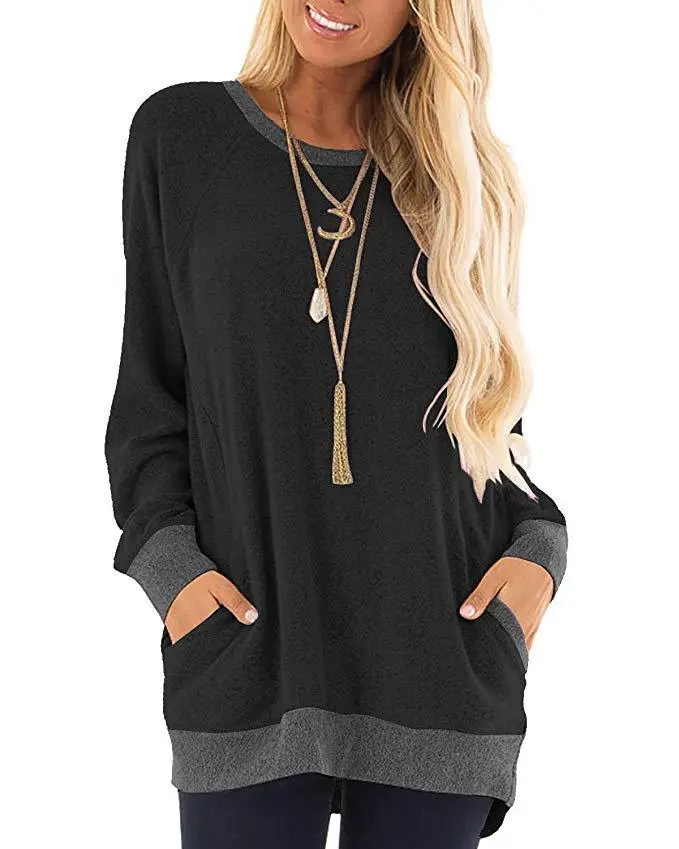 Women's Grey Contrast Pocket Sweatshirt Long Sleeve Pullover - Image 5