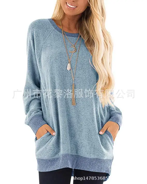 Women's Grey Contrast Pocket Sweatshirt Long Sleeve Pullover - Image 6