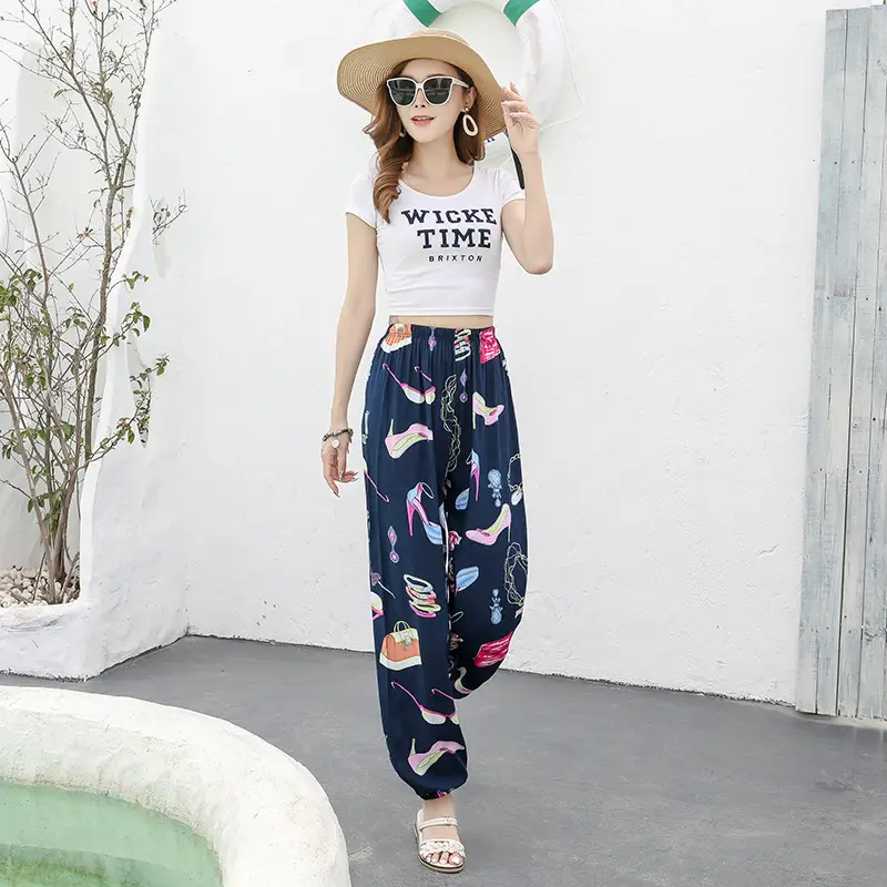 Women's Printed Harem Beach Pants Cotton Silk Summer