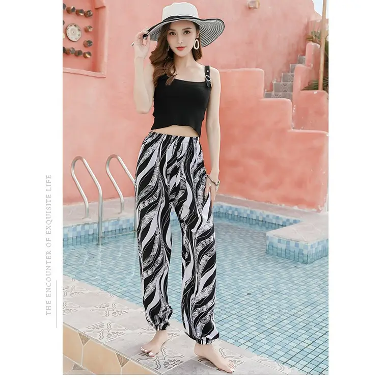 Women's Printed Harem Beach Pants Cotton Silk Summer