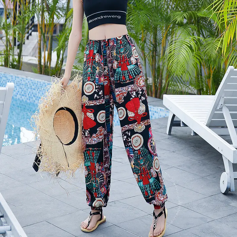 Women's Printed Harem Beach Pants Cotton Silk Summer