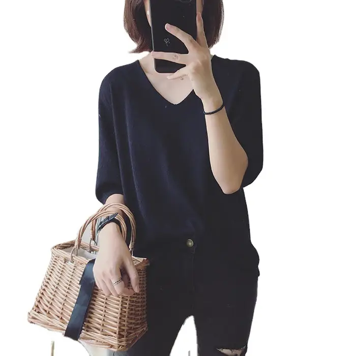 2025 Spring Women V-Neck Knit T-Shirt Solid Color - Image 14