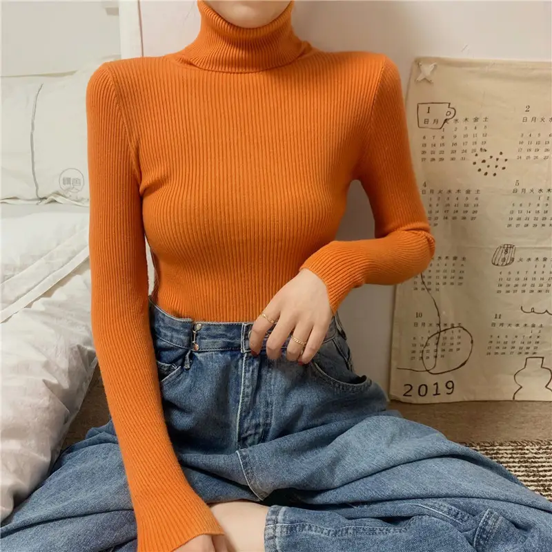 Women's Winter Turtleneck Sweater Purple Solid Color