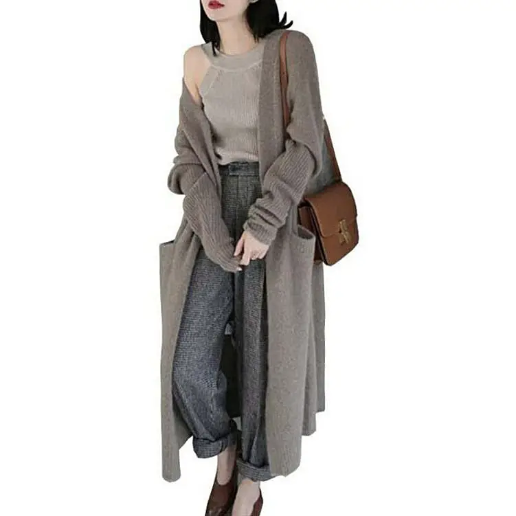 Women's Knitted Cardigan Knee Length Sweater Grey - Image 6