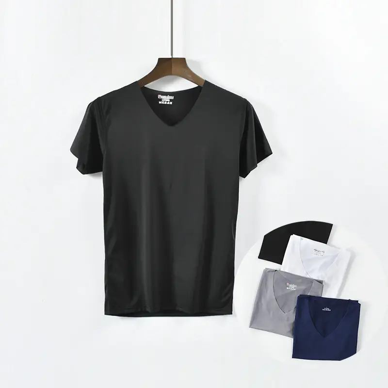 Men V-Neck Ice Silk T-Shirt Slim Fit White - Image 9