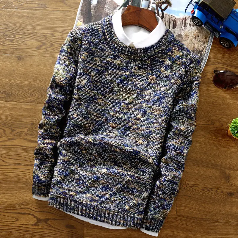 Winter 2025 Men's Diamond Knit Pullover Round Neck Slim Fit - Image 5