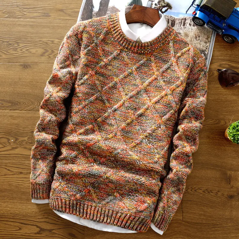 Winter 2025 Men's Diamond Knit Pullover Round Neck Slim Fit - Image 6