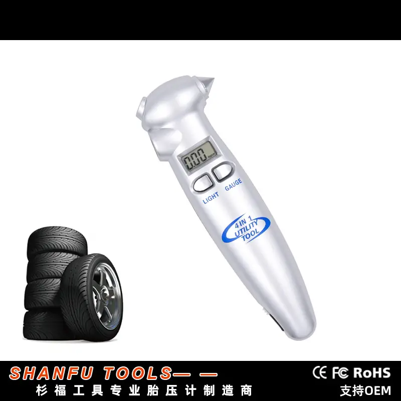Digital Tire Pressure Gauge Safety Hammer Flashlight Cutter Four-In-One