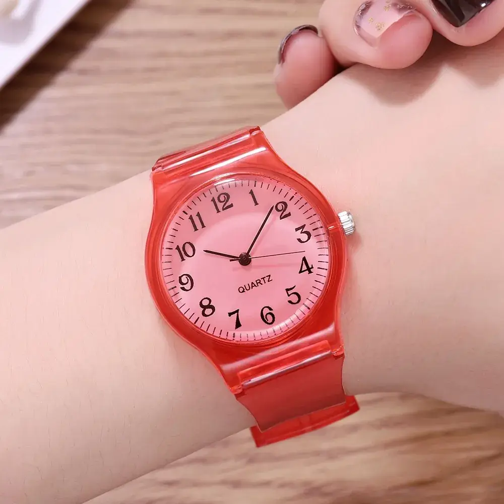 New Pink Girl Digital Face Quartz Watch Transparent Strap