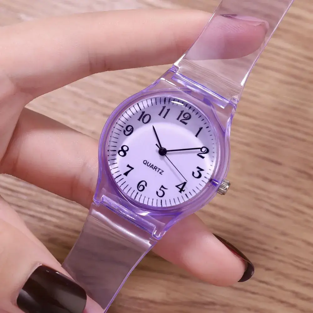 New Pink Girl Digital Face Quartz Watch Transparent Strap