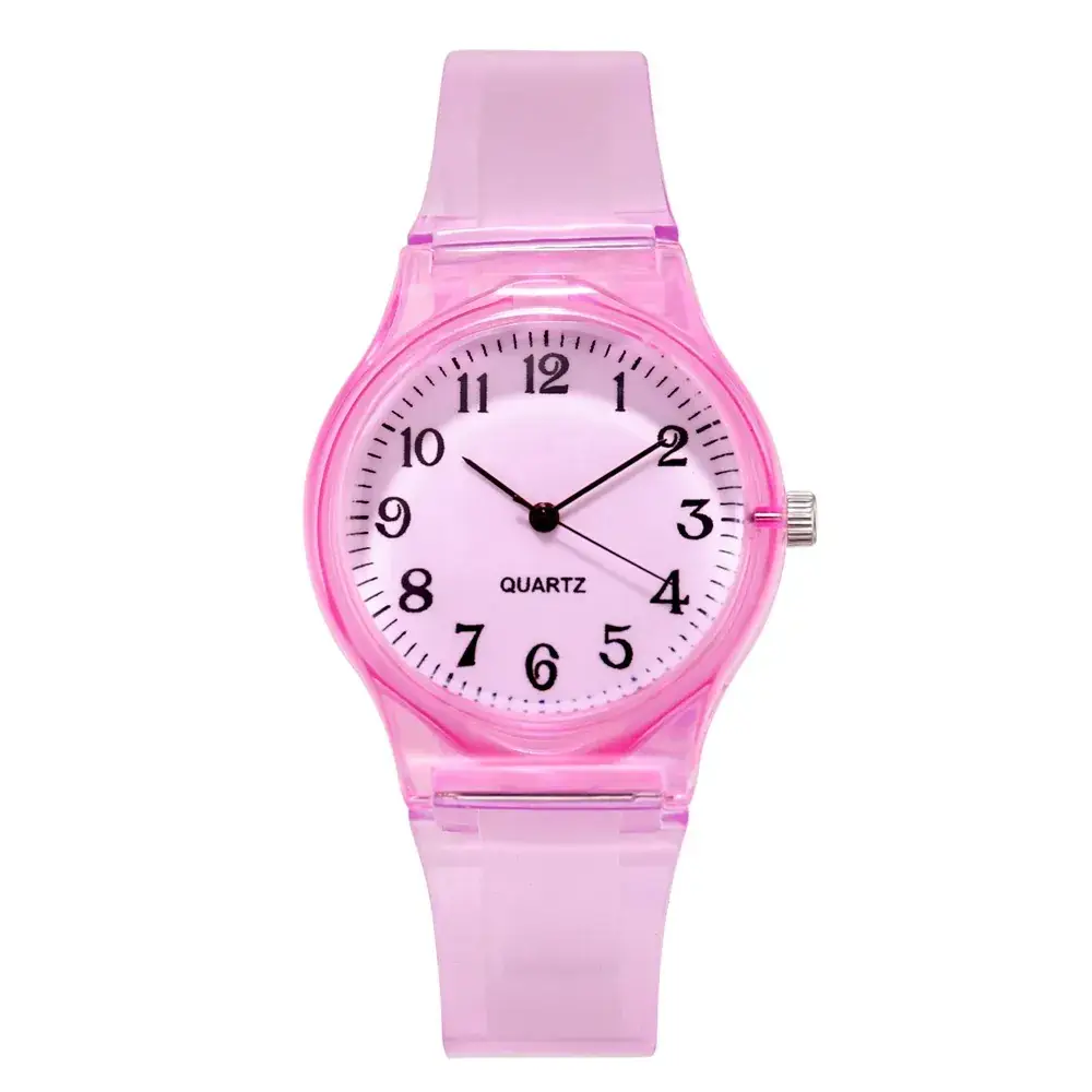 New Pink Girl Digital Face Quartz Watch Transparent Strap