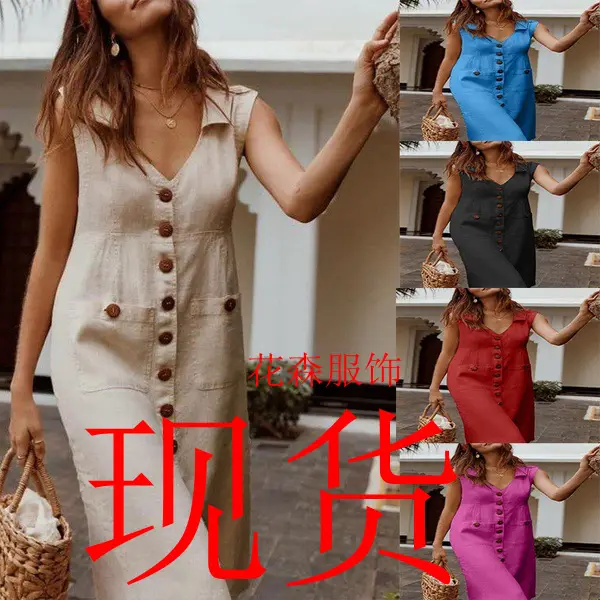 2023 V-Neck Single Breasted Dress Pocket Plus Size Beige - Image 6