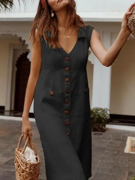 2023 V-Neck Single Breasted Dress Pocket Plus Size Beige - Image 3