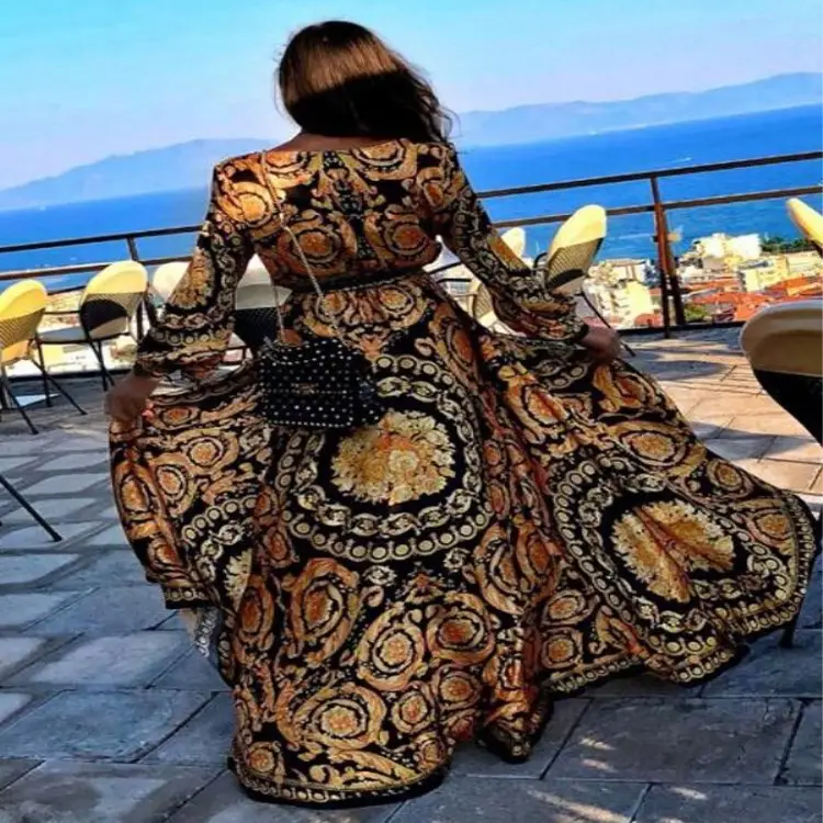 2023 Retro Printed V-Neck Long Sleeve Dress Large Split - Image 4