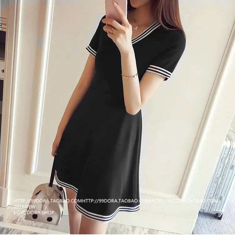 2025 Summer Black V Neck Waist-Cinching Dress Large — feature 15