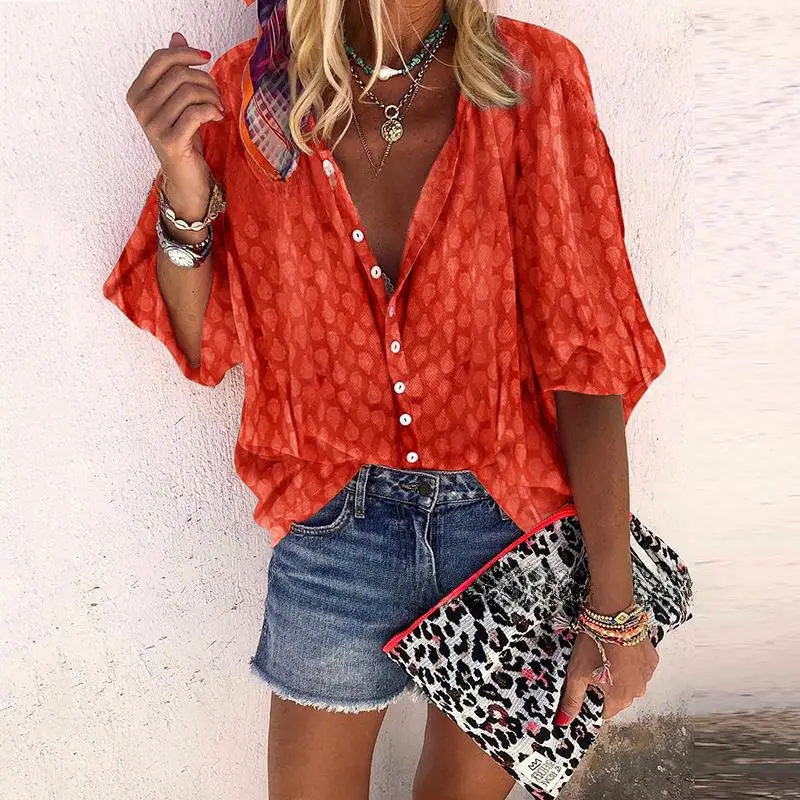 Single Breasted Printed Long Sleeve Shirt Top Orange - Image 22