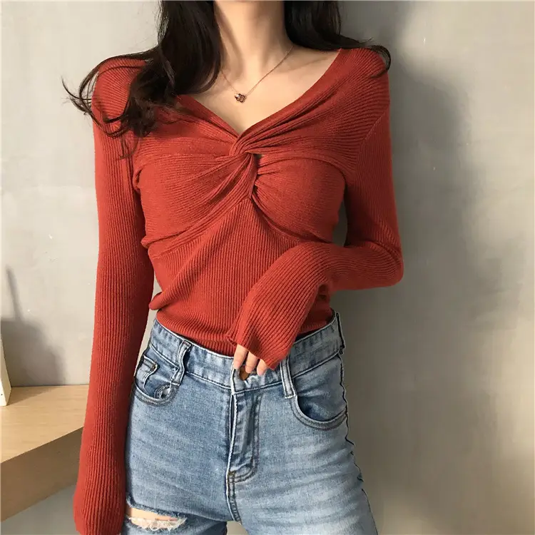 Long Sleeve V Neck Sweater Top for Women - Image 16