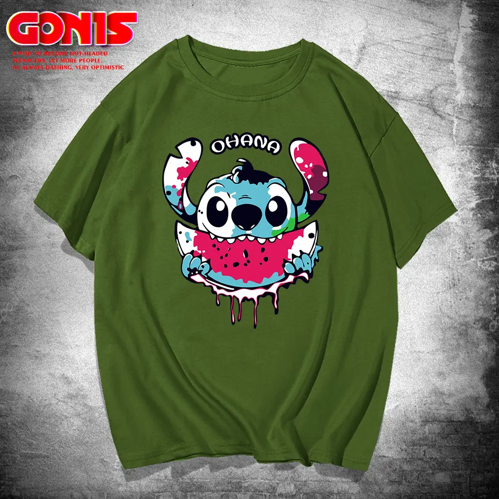 Men Women Stitch T-Shirt Green Summer Loose Large - Image 6