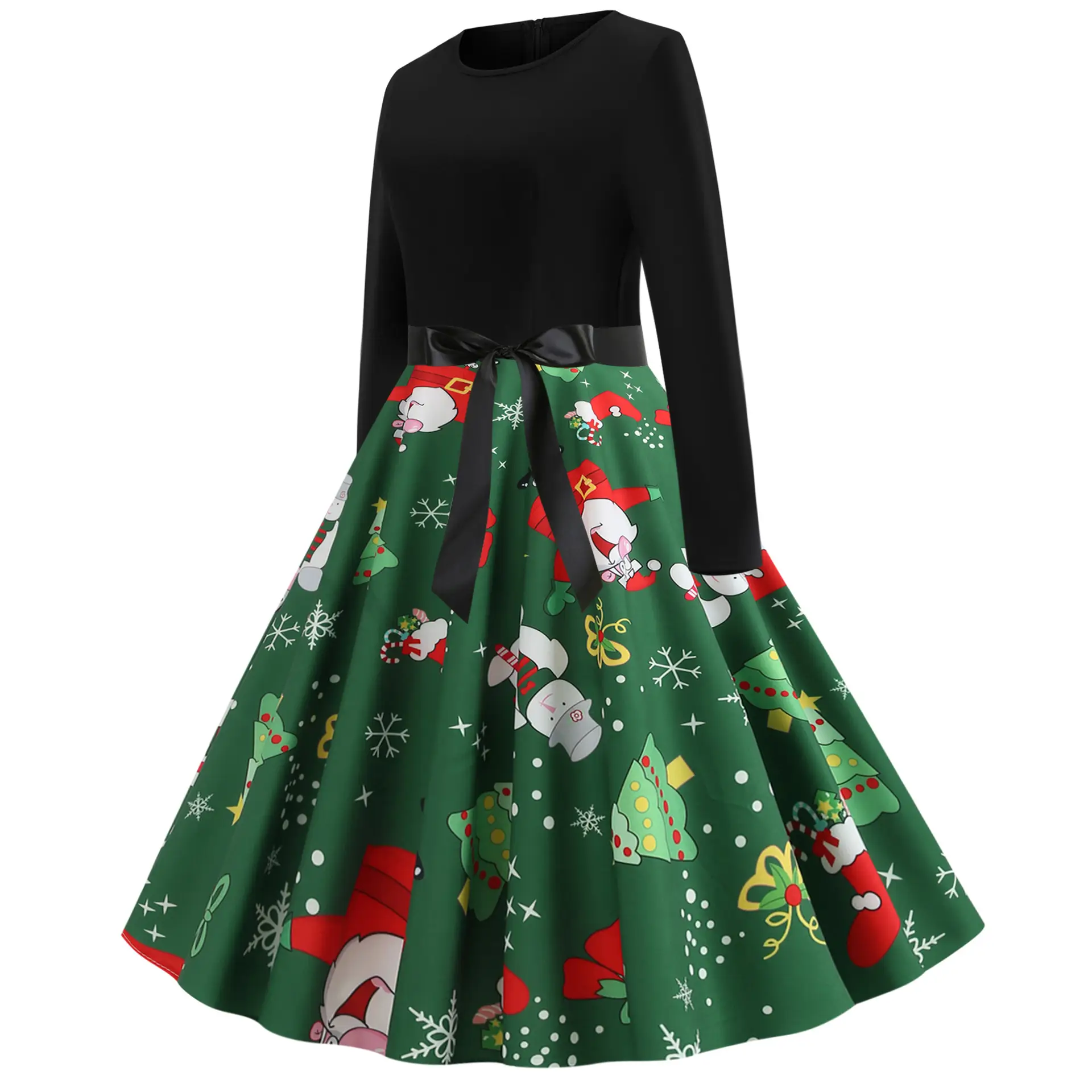Christmas Printed Long Sleeve Skirt Dress Green Large