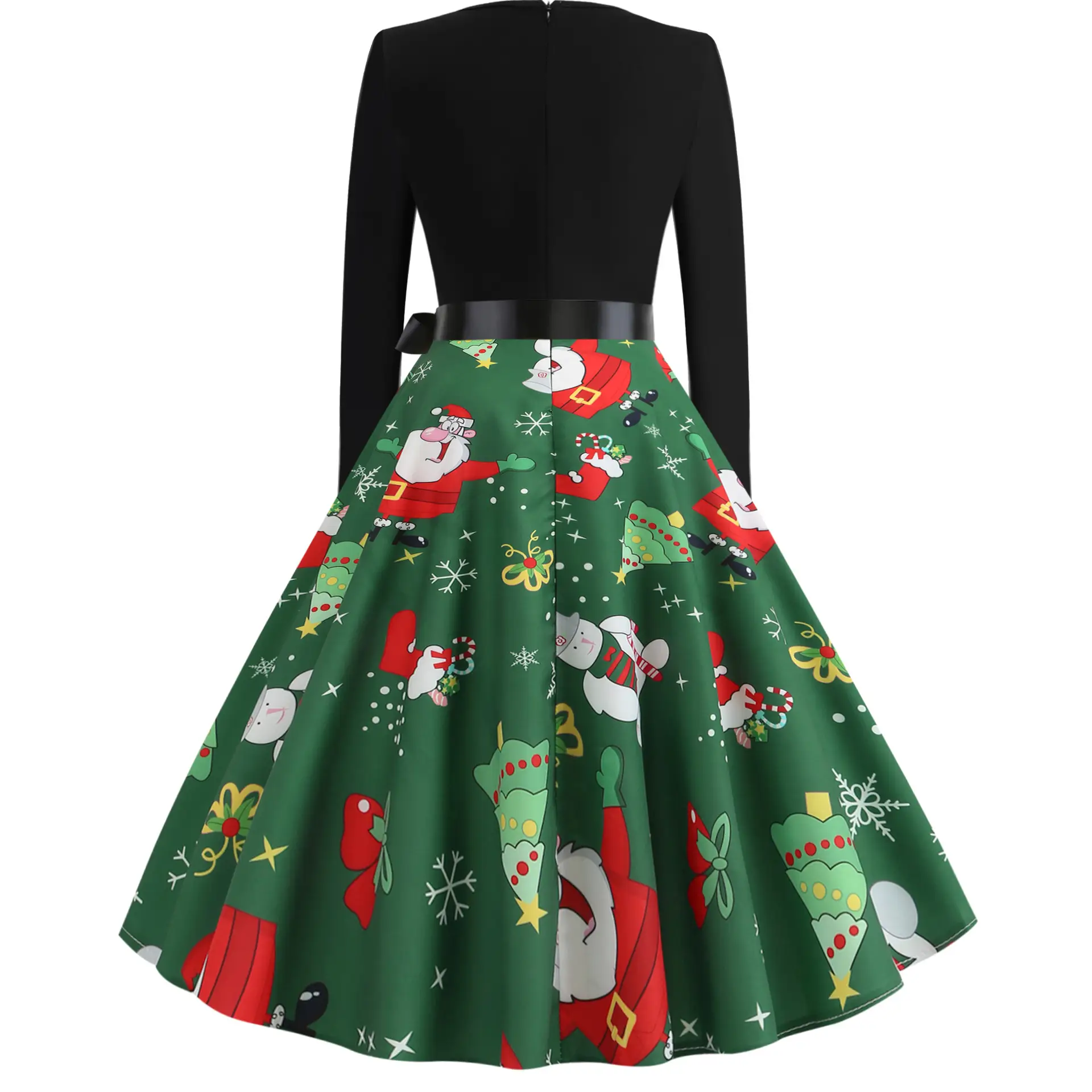 Christmas Printed Long Sleeve Skirt Dress Green Large