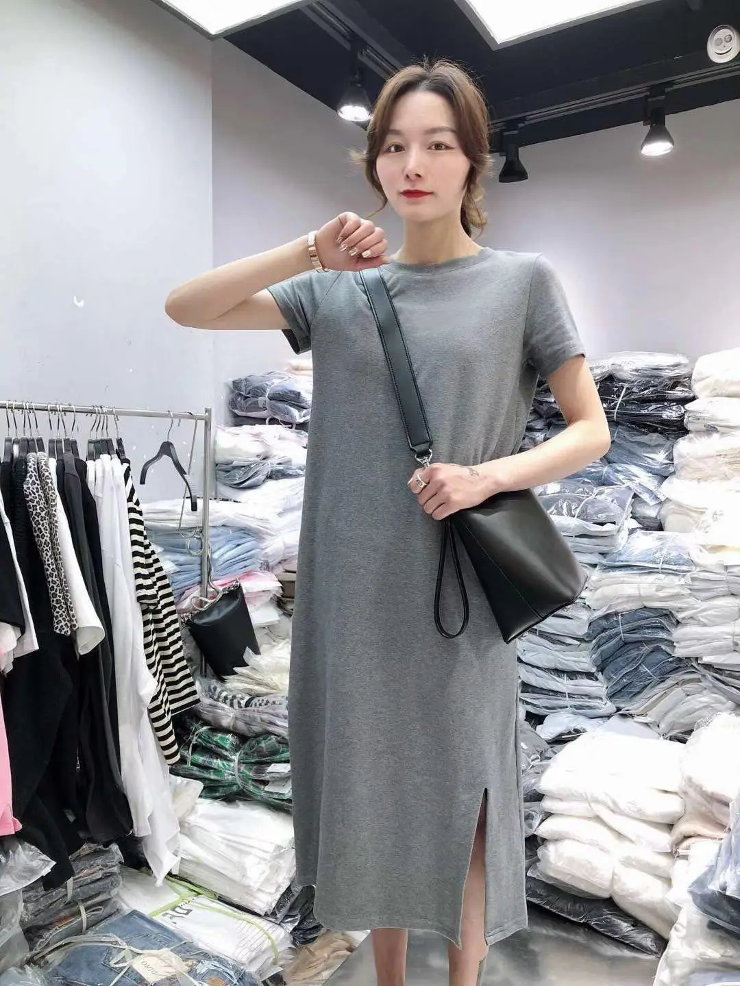 Women Plus Size Grey Loose Fit T-Shirt Dress — feature 4