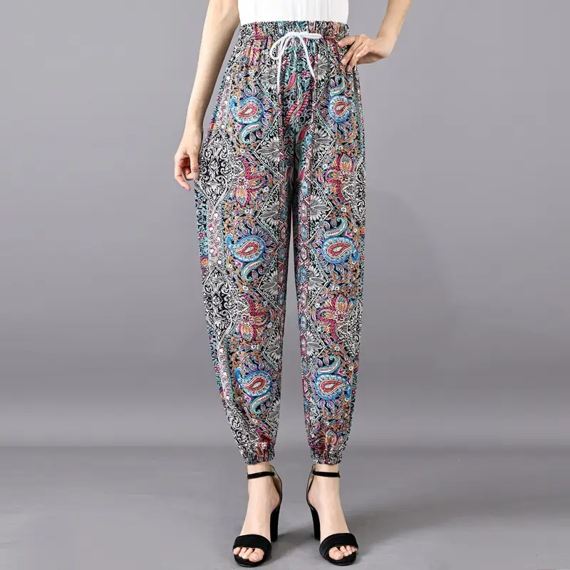 Women's Floral Print Casual Pants Black White - Image 11