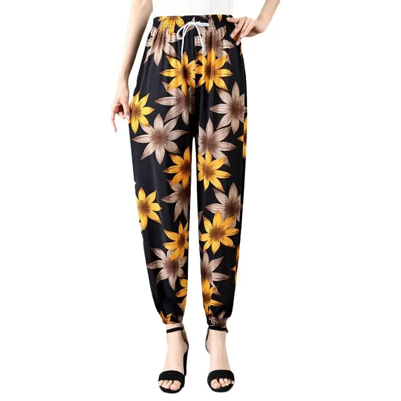 Women's Floral Print Casual Pants Black White - Image 38