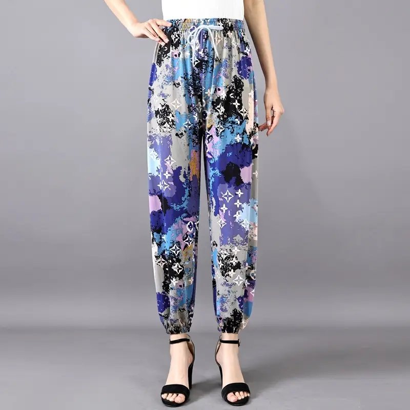 Women's Floral Print Casual Pants Black White - Image 13