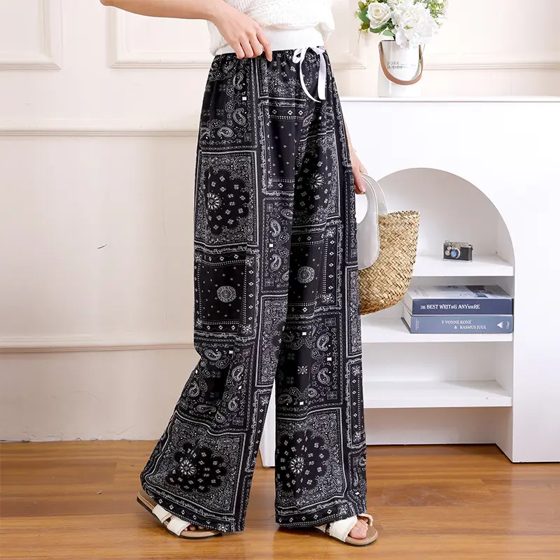Women's Floral Print Casual Pants Black White - Image 29