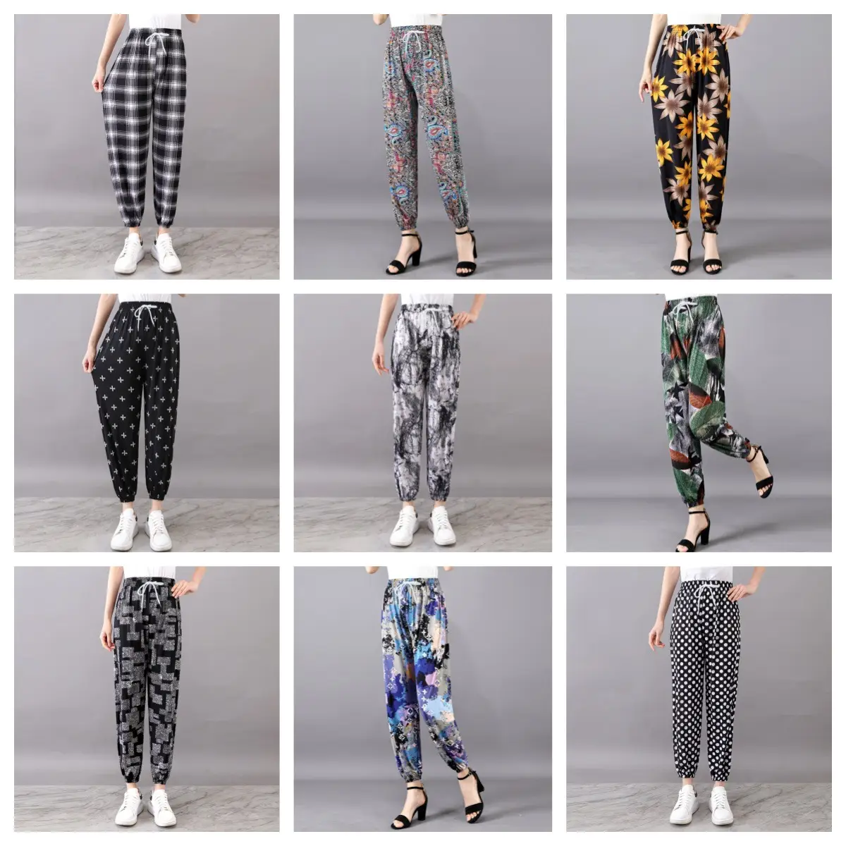 Women's Floral Print Casual Pants Black White - Image 3