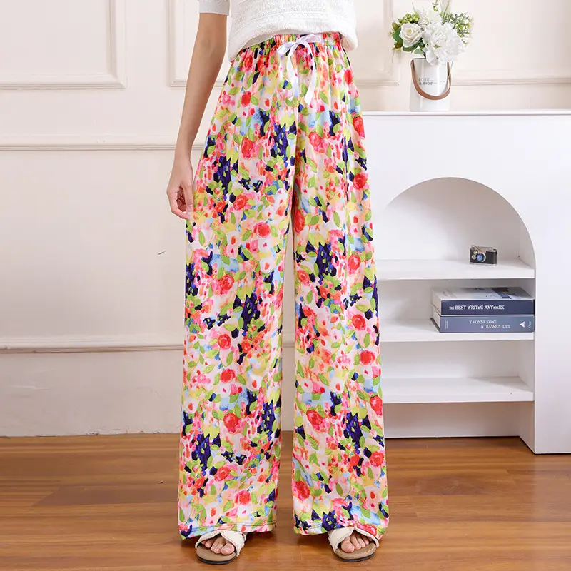 Women's Floral Print Casual Pants Black White - Image 34