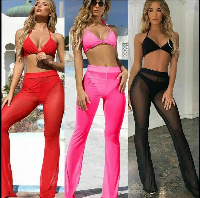Red Wide Leg Flared Casual Pants for Women — feature 2