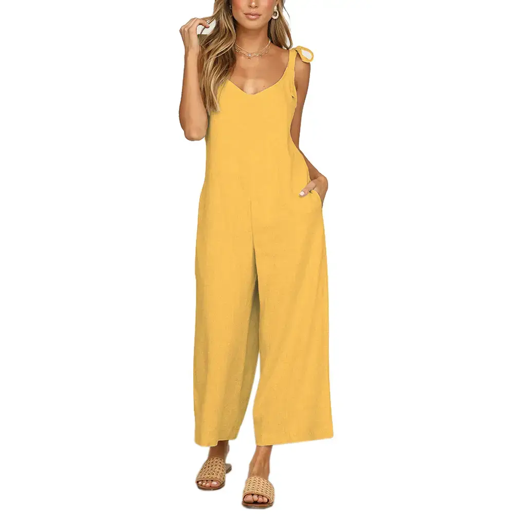 Women Yellow Cropped Jumpsuit Bow Suspender Set - Image 7