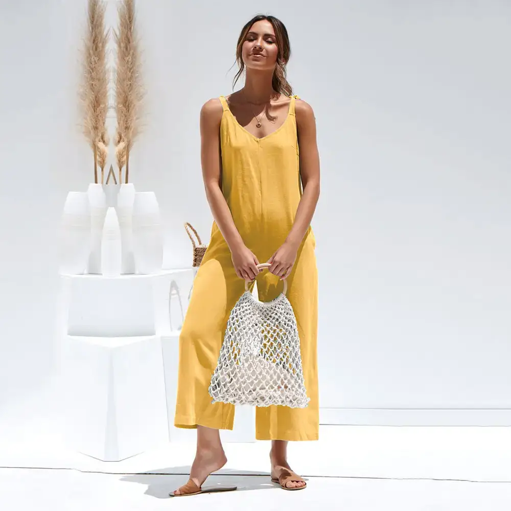 Women Yellow Cropped Jumpsuit Bow Suspender Set — feature 24
