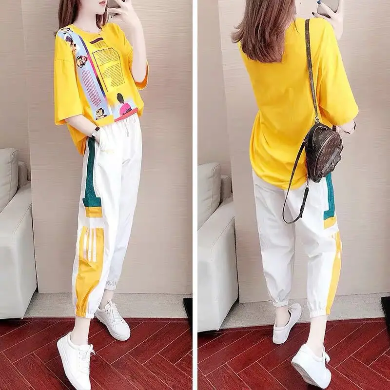 Women Casual Sports Suit Yellow White Ghost Step Dance Set - Image 3