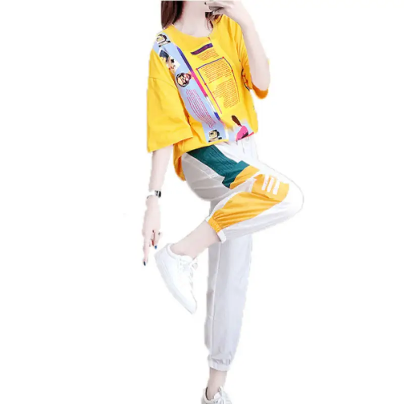 Women Casual Sports Suit Yellow White Ghost Step Dance Set - Image 6