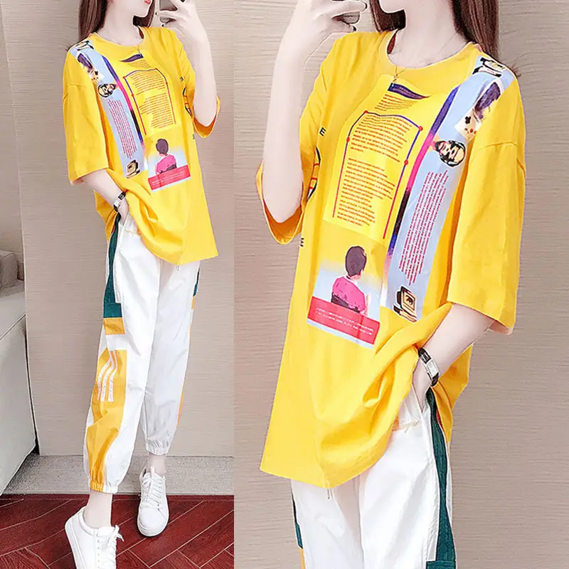 Women Casual Sports Suit Yellow White Ghost Step Dance Set — feature 3