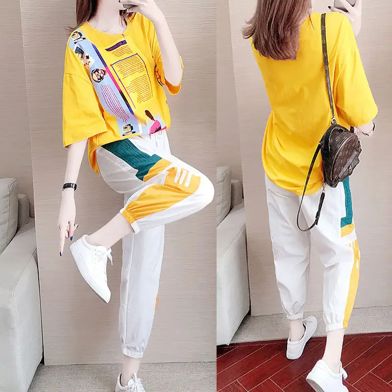 Women Casual Sports Suit Yellow White Ghost Step Dance Set — feature 4