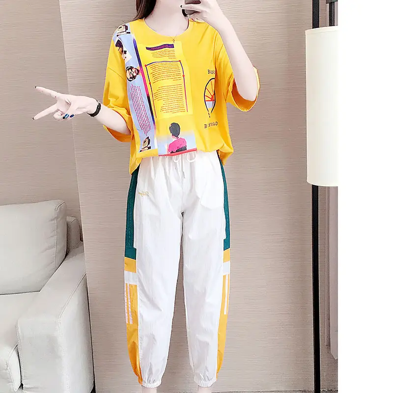 Women Casual Sports Suit Yellow White Ghost Step Dance Set — feature 6