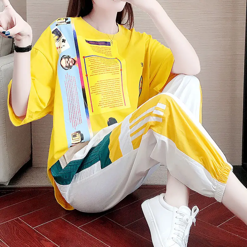 Women Casual Sports Suit Yellow White Ghost Step Dance Set — feature 7