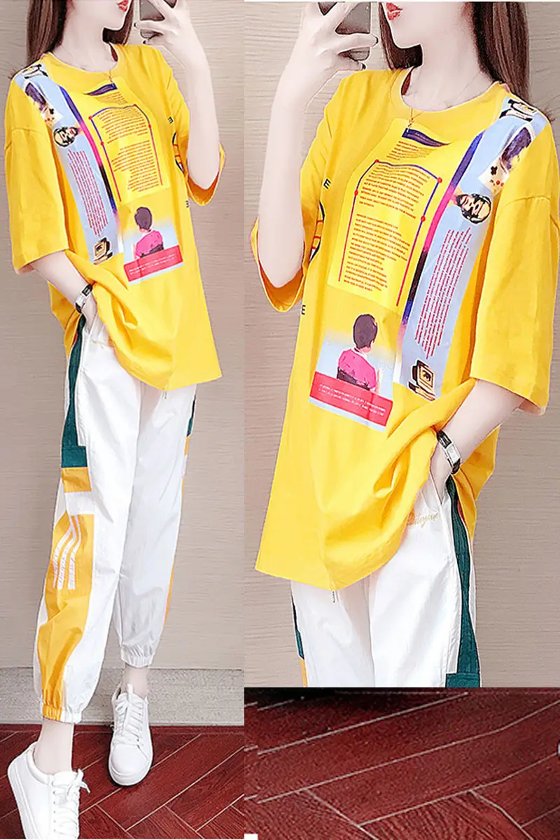 Women Casual Sports Suit Yellow White Ghost Step Dance Set — feature 8