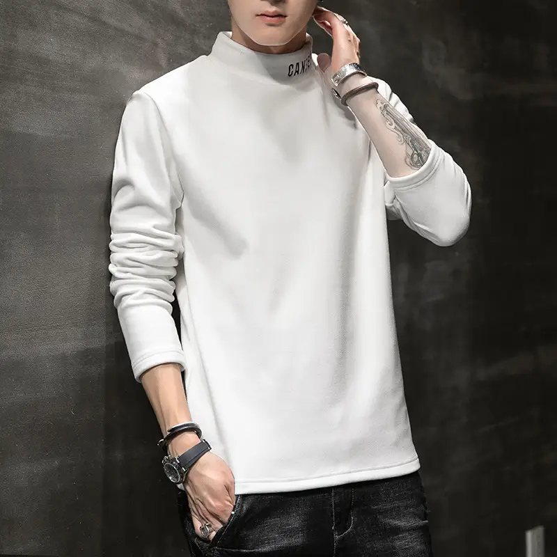 Men Velvet Long Sleeve T-Shirt with Letter Embroidery