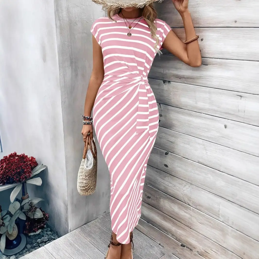 Women's Yellow Waist Tie Dress Summer Wear - Image 35