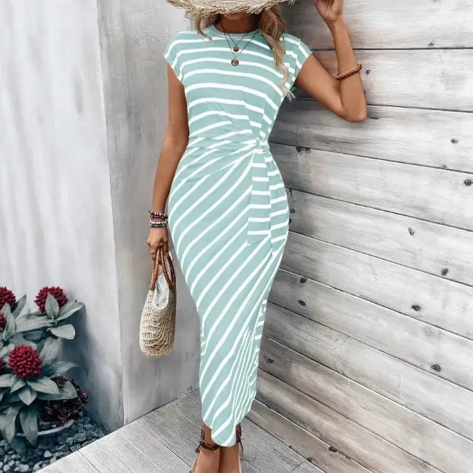 Women's Yellow Waist Tie Dress Summer Wear - Image 36