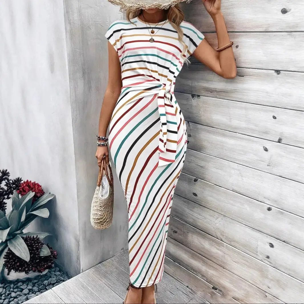 Women's Yellow Waist Tie Dress Summer Wear - Image 37