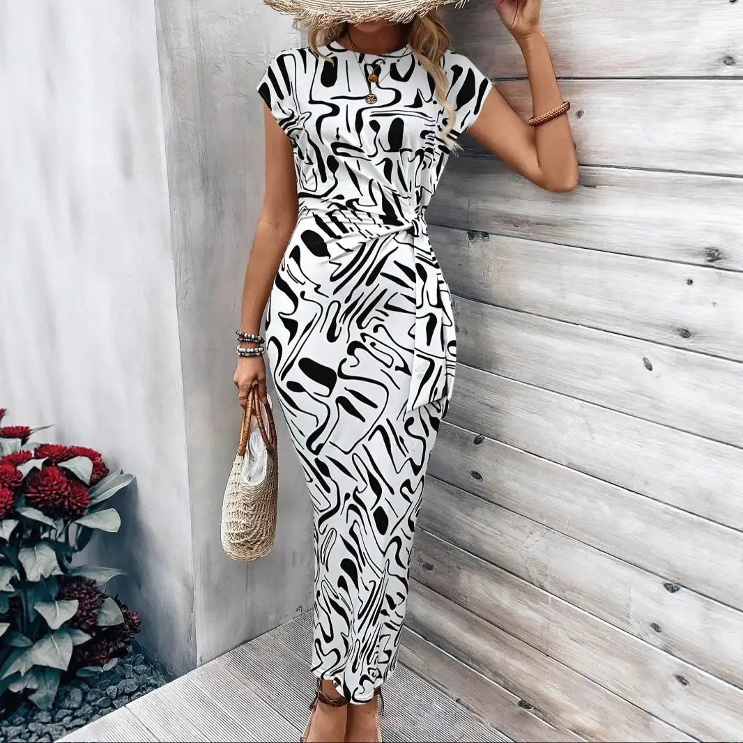 Women's Yellow Waist Tie Dress Summer Wear - Image 38